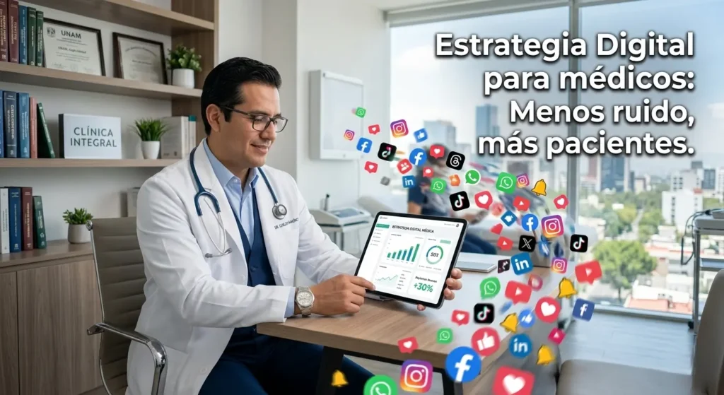 "Un médico sonriente en un consultorio moderno de México, con vista a la ciudad, usa una tableta para organizar el caos de las redes sociales en una estrategia digital estructurada. En el fondo, un letrero de 'CLÍNICA INTEGRAL' y un diploma de UNAM. Texto en la imagen: 'Estrategia Digital para médicos: Menos ruido, más pacientes.'