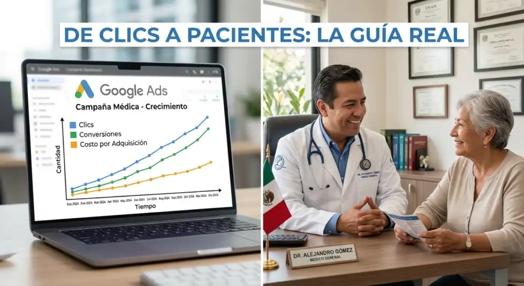 Imagen dividida. A la izquierda, una laptop muestra un gráfico de crecimiento de Google Ads (clics, conversiones) para una 'Campaña Médica'. A la derecha, el Dr. Alejandro Gómez, médico general en México, sonríe y atiende a una paciente en un consultorio con una bandera mexicana. Texto superpuesto: 'DE CLICS A PACIENTES: LA GUÍA REAL'.