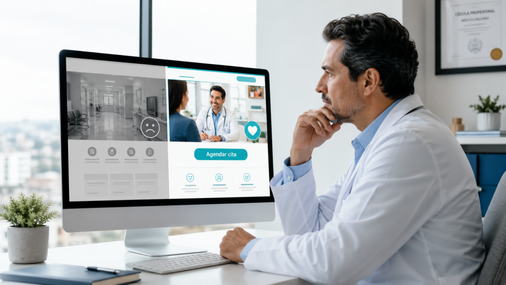 Médico analizando el diseño de su página web profesional con opción de agendar cita