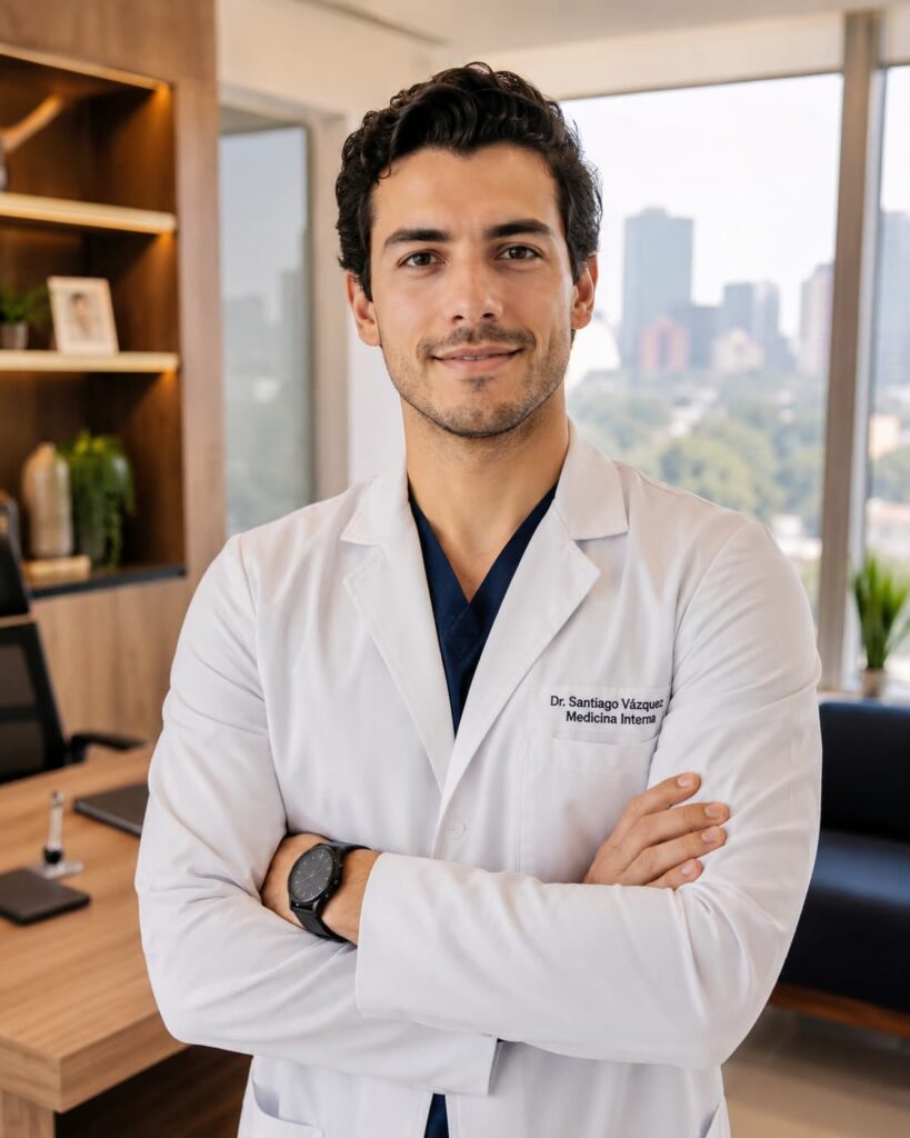 Médico joven con bata blanca de pie en un consultorio moderno y luminoso, mirando a la cámara con expresión de confianza y una ligera sonrisa.