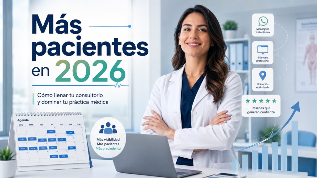 Médica en consultorio moderno con agenda llena, reseñas, sitio web y crecimiento digital para conseguir más pacientes en 2026.